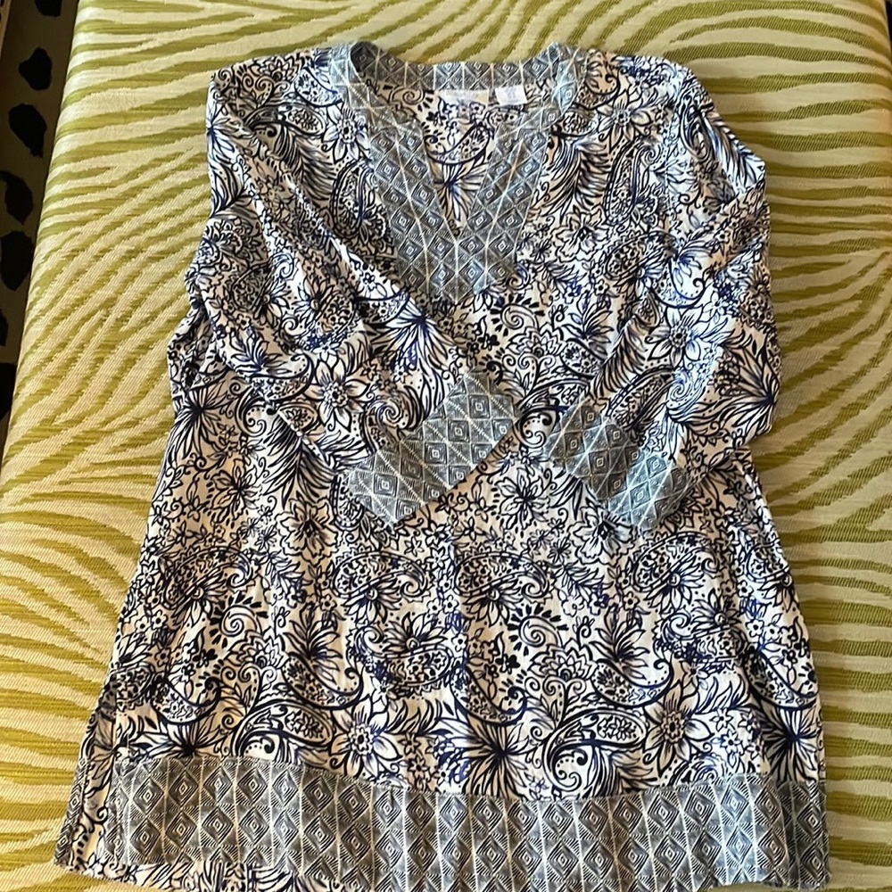 Sigrid Olsen blue and white linen tunic top; size medium; excellent condition